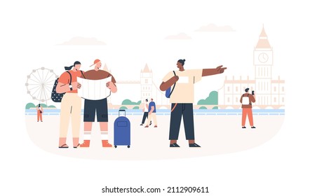 Tourists couple go sightseeing with map, ask local person for direction and help in London. Man and woman travel and visit landmarks in tour. Flat vector illustration isolated on white background
