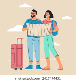 Tourists couple go sightseeing with map. Travel, vacation and adventure flat design vector concept.