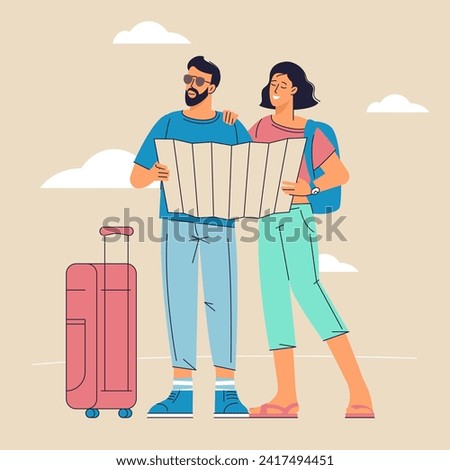 Tourists couple go sightseeing with map. Travel, vacation and adventure flat design vector concept.