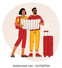 La pareja de turistas se va de turismo con el mapa. Concepto vectorial de diseño de viajes, vacaciones y aventura.