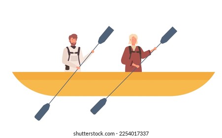 Tourists couple kayaking. River rafting, active lifestyle and vacation vector illustration