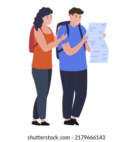 Tourists couple learning paper map position route vacation vector flat illustration. Man and woman with backpack looking folded cartography document GPS plan discovery exploration destination booklet