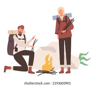 Tourists couple making camping fire. Hikers at bonfire, travel burning campfire vector illustration