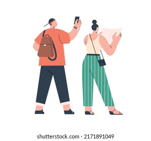 Tourists couple with map and mobile phone during summer holiday travel. Back of travelers man and woman going sightseeing on summertime vacation. Flat vector illustration isolated on white background