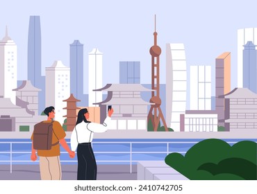 Tourists couple in modern China city. People visiting Asian Chinese attractions, looking and taking photos of architecture, cityscape panorama, skyscrapers buildings view. Flat vector illustration