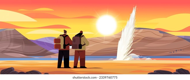 tourists couple near impressive eruption of active geyser hot water steam spraying out from under ground power fountain outdoor