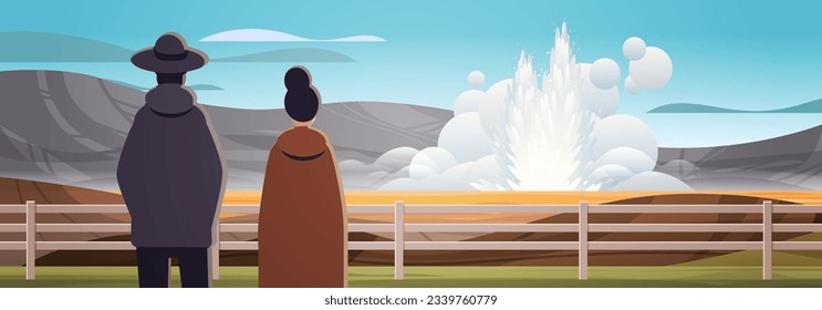 tourists couple near impressive eruption of active geyser hot water steam spraying out from under ground power fountain outdoor