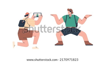 Tourists couple on summer holidays. Woman taking photo on mobile phone of man friend in funny pose. Travelers making photograph in travel. Flat vector illustration isolated on white background