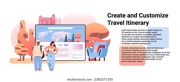 tourists couple planning journey route create and customize travel itinerary concept horizontal