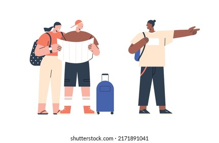 Tourists couple searching route on map and asking person for help. Man and woman travelers arrived on summer holiday, local guy showing direction. Flat vector illustration isolated on white background