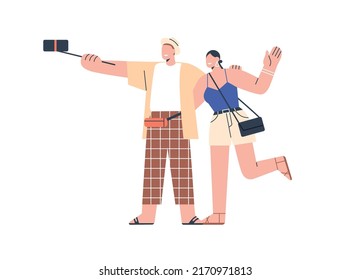 Tourists couple take selfie photo, hold monopod with mobile phone. Happy man and woman making photograph, recording video during summer travel. Flat vector illustration isolated on white background