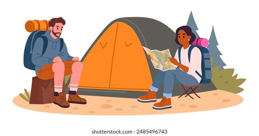 Tourists couple with tent. Active characters resting after hiking, trekking and backpacking, outdoor adventure flat vector illustration. Camping outdoor scene