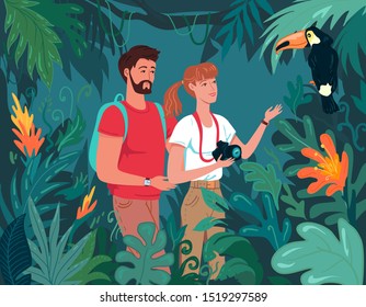 Tourists couple travelling in the tropical forest