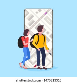 tourists couple using gps navigation mobile application modern city with buildings streets urban map travel concept cityscape top angle view smartphone screen flat full length