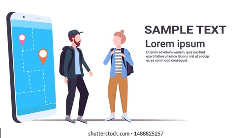 tourists couple using mobile navigation app with location marker walking road on smartphone screen travelers using gps to find destination flat full length horizontal copy space