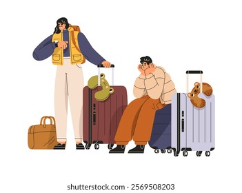 Tourists couple waiting for flight departure with suitcases, travel bags, wheeled luggage at airport terminal. Man, woman passengers with baggage. Flat vector illustration isolated on white background