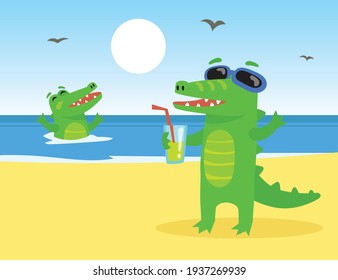 Tourists crocodiles swimming, drinking beverage on sea beach. Cute green alligator cartoon characters. Flat vector illustration. Reptile animal mascot on summer vacation concept