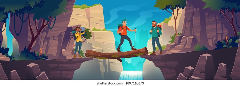 Tourists cross log bridge between mountains above cliff in rock peaks landscape with waterfall and trees background. Girl make picture of beautiful scenery nature view, Cartoon vector illustration