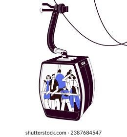 Tourists crowd in glass cabin of cableway, ropeway. People, passengers inside suspended carriage of aerial cable tram at height above ground. Monochrome flat isolated vector illustration on white