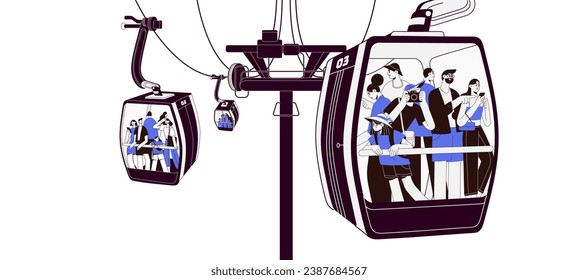 Tourists crowd in transparent cabin of cableway. People travel by rope way, inside glass cablecar. Passenger standing on suspended cable ropeway. Monochrome flat isolated vector illustration on white