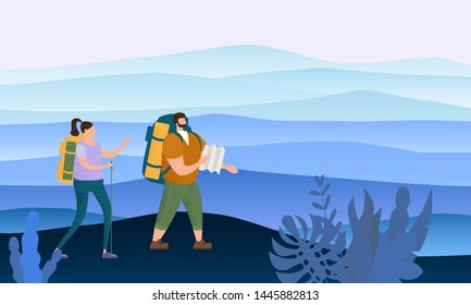 Tourists cute couple in love performing outdoor touristic activity - adventure travel, hiking walking trip tourism sport and recreation backpacking or camping wild nature trekking. Minimal landscape