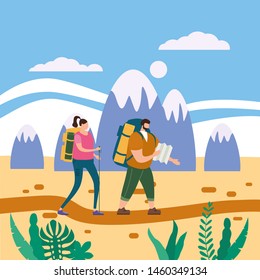Tourists cute couple in love performing outdoor touristic activity - adventure travel, hiking walking trip tourism sport and recreation backpacking or camping wild nature trekking. Mountain landscape