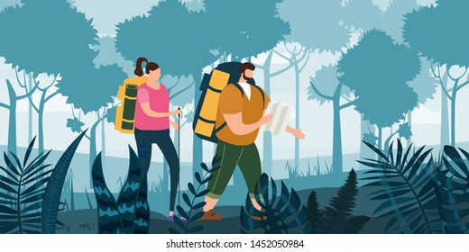 Tourists cute couple with map and backpacks performing outdoor touristic activity. Forest trees mountain landscape. Adventure travel, hiking walking trip tourism wild nature trekking. Pair of tourists