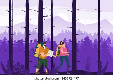 Tourists cute couple with map and backpacks performing outdoor touristic activity. Forest trees mountain landscape. Adventure travel, hiking walking trip tourism wild nature trekking. Pair of tourists