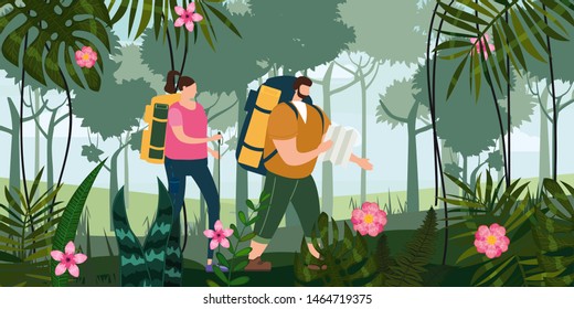 Tourists cute couple with map and backpacks performing outdoor touristic activity. Forest trees mountain landscape. Adventure travel, hiking walking trip tourism wild nature trekking. Pair of tourists