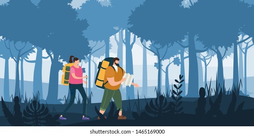 Tourists cute couple with map and backpacks performing outdoor touristic activity. Forest trees mountain landscape. Adventure travel, hiking walking trip tourism wild nature trekking. Pair of tourists