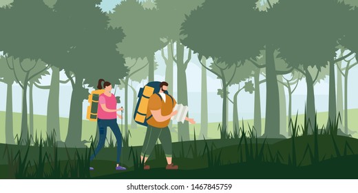 Tourists cute couple with map and backpacks performing outdoor touristic activity. Forest trees mountain landscape. Adventure travel, hiking walking trip tourism wild nature trekking. Pair of tourists