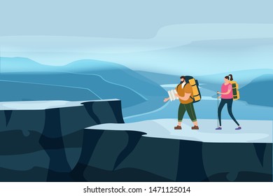 Tourists cute couple with map and backpacks performing outdoor touristic activity. Mountain panorama landscape. Adventure travel, hiking walking trip tourism wild nature trekking. Pair of tourists