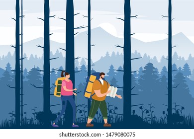 Tourists cute couple with map and backpacks performing outdoor touristic activity. Forest trees mountain landscape. Adventure travel, hiking walking trip tourism wild nature trekking. Pair of tourists