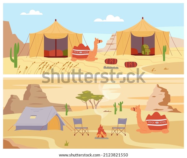 Tourists desert tent and Bedouin\
camps scenery banners, flat vector illustration. Banner or flyer\
background template for desert camping in sand\
dunes.
