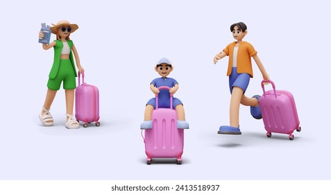 Tourists of different ages and genders with pink suitcase. Set of vector 3D illustrations. Concept for travel agency. Services and tours for different people