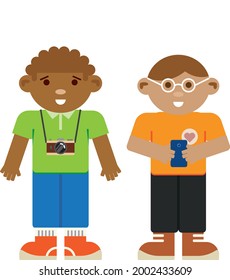 Tourists. Drawn characters with a photo camera. Flat design.