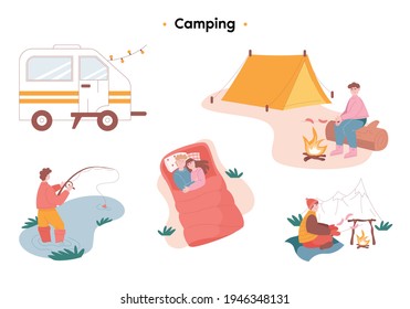 Durante la caminata, los turistas realizan diversas actividades. Un tipo con botas se para en el lago y captura peces con una línea. Una pareja amorosa durmiendo en un saco de dormir al aire libre. el tipo hace kebabs.