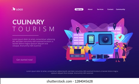 Tourists eat and like local cuisine, taking selfies and action camera. Culinary tourism, authentic food experience, food exploring tourism concept. Website vibrant violet landing web page template.