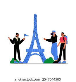 Turistas Com Torre Eiffel E Guia Feminino Em Ilustração De Vetor Plano Simbolizando Turismo, Exploração E Descoberta Cultural, Isolados Sobre Fundo Branco.