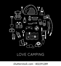 Tourists emblems. Black and white camping symbols. Set of camping equipment icons isolated on white. Big illustrations of tent, tourist map, backpack and fireplace. Vector