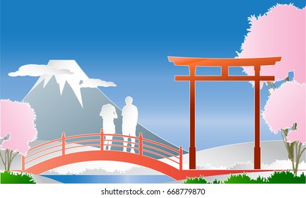 Tourists enjoy cherry blossom travel in Japan.  vector