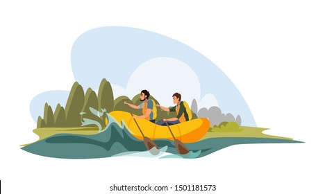 Tourists enjoy water rafting vector illustration. Male friends, sportsmen swimming in river cartoon characters. Father and son sharing extreme hobby. Colleagues, partners rowing in fast stream