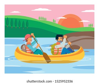 Tourists enjoy water rafting vector illustration. Male friends, sportsmen swimming in river cartoon characters. Father and son sharing extreme hobby. Colleagues, partners rowing in fast stream