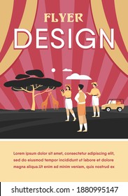 Tourists enjoying adventure travel, watching animals and taking pictures of African landscape, flora and fauna. Vector illustration for tour, journey concept