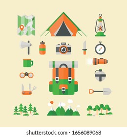 Tourists equipment and travel accessories vector set. Forest camping and hiking flat elements.