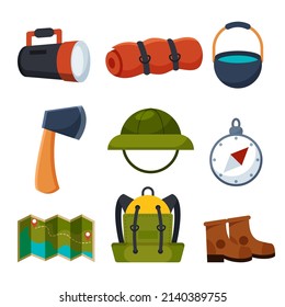 Tourists equipment and travel accessories vector set. Forest camping and hiking flat elements. Equipment for hiking outdoor adventure, camp and backpack illustration