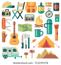 Tourists equipment and travel accessories vector set. Forest camping and hiking flat elements. Equipment for hiking outdoor adventure, camp and backpack illustration