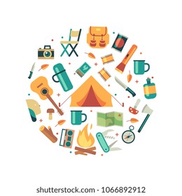 Tourists equipment, travel and hiking accessories icons round concept. Vector illustration