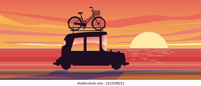 Los turistas están equipados con equipos para llevar bicicletas en sus coches para ir en un paseo panorámico por los lugares de interés turístico. Diseño de ilustración de vector plano