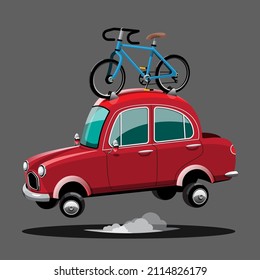 Tourists are equipped with equipment to carry bicycles on their cars to go on a scenic ride at tourist attractions. Flat vector illustration design